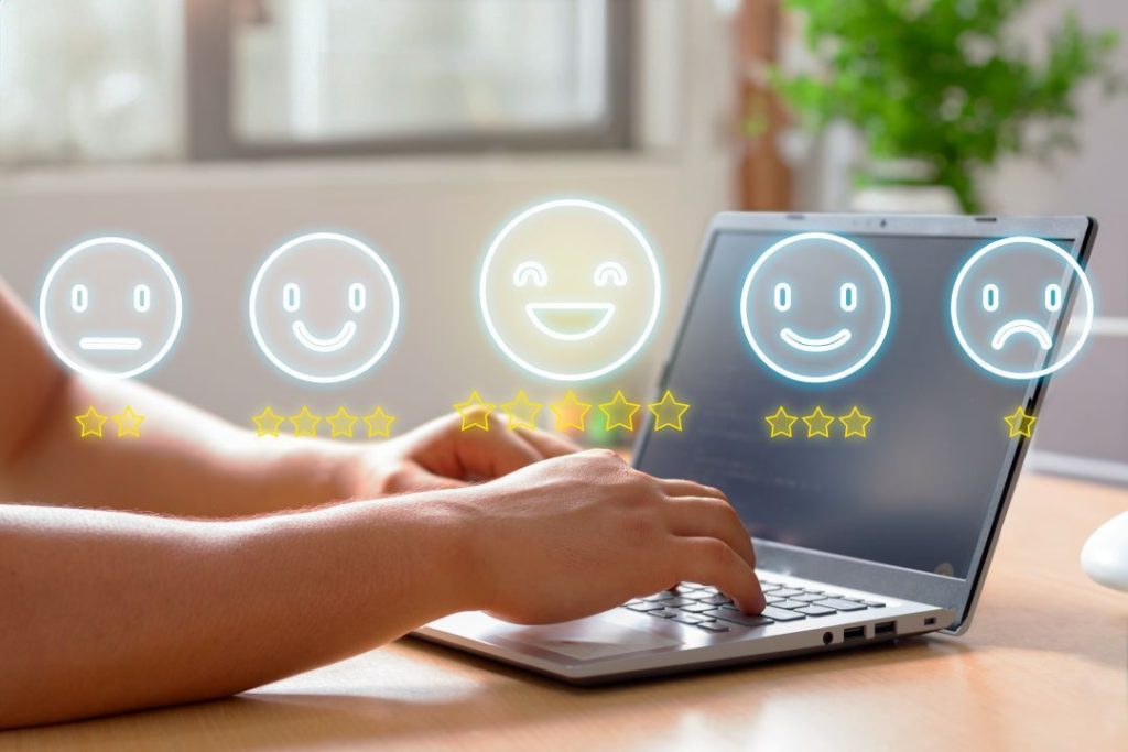 Happy customer leaving a positive review for an HVAC service provider online.